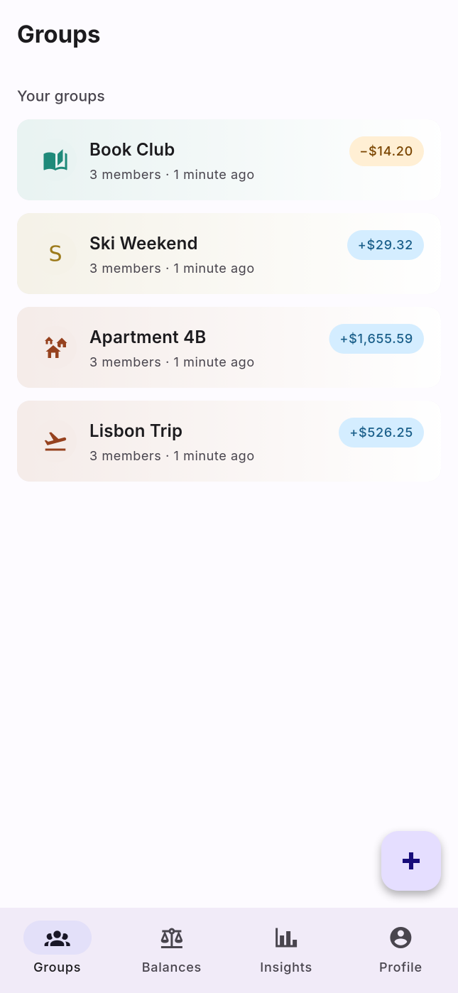 The Groups screen listing four groups, each with the viewer's balance for that group.