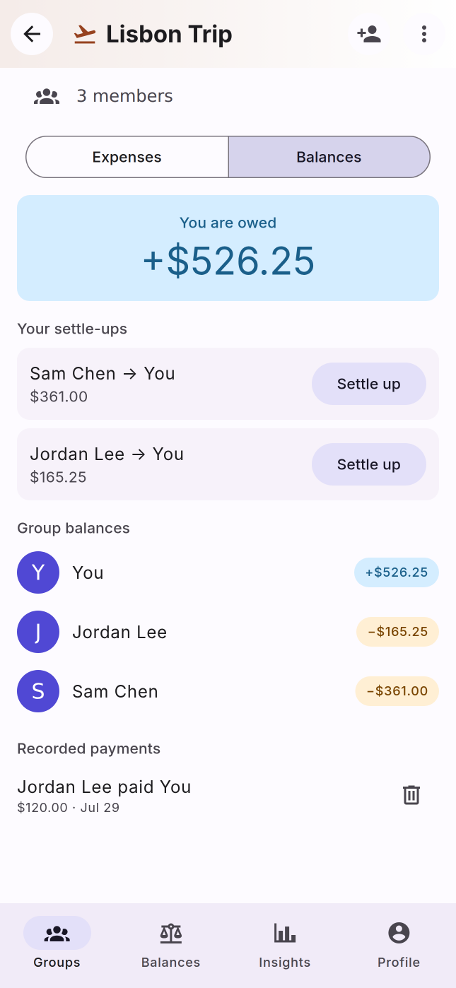 A group's Balances tab showing who owes whom and a Settle Up action.